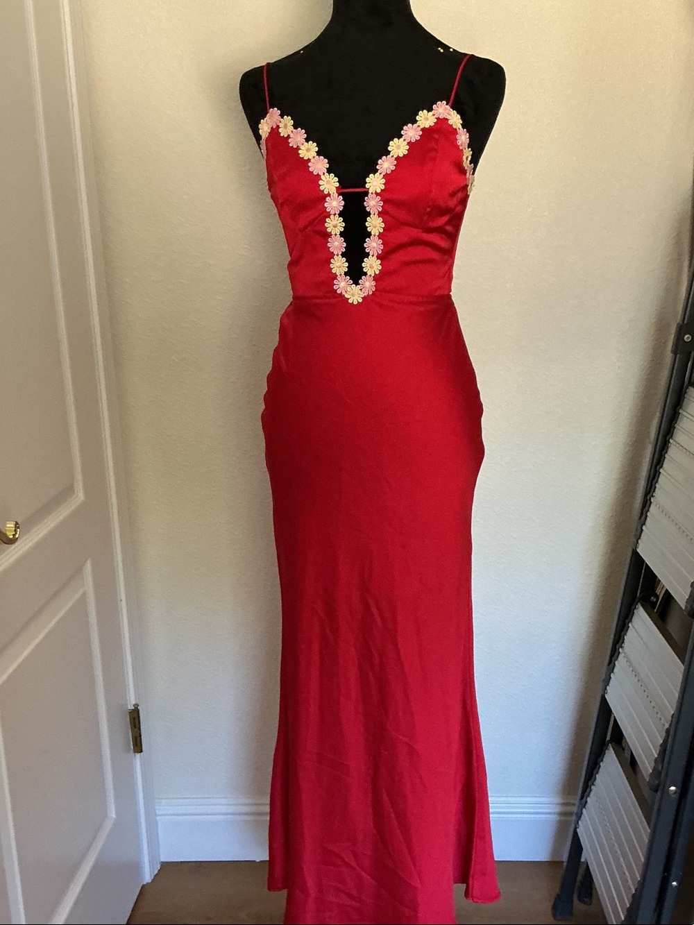 Sleeveless Red Maxi Dress with Floral Trim Accents